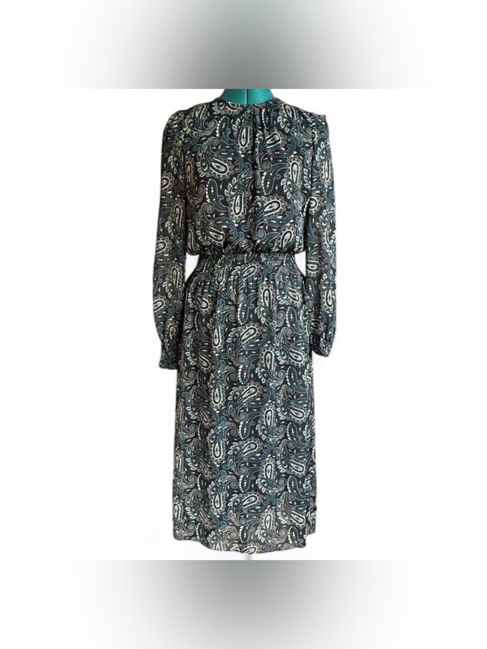 Tommy Hilfiger Teal and Black Paisley Long Sleeve Midi Dress